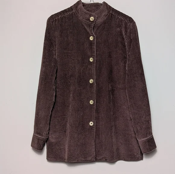 Chadwicks Women’s Dark Brown Corduroy Mandarin Collar Button Down Shirt Shacket - Picture 2 of 15
